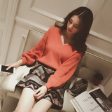 2015冬装新款韩版时尚简约大气V领宽松显瘦纯色套头针织衫毛衣女