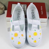 韩版女搭扣柠檬平底初中高中学生款夏季透气帆布鞋原宿手绘鞋包邮