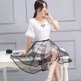 2016夏装新款韩版两件套欧根纱连衣裙休闲短袖套装蕾丝半身裙子女