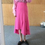 韩国代购16夏 复古vintage骚粉纯色高腰不规则开叉半身裙中长款