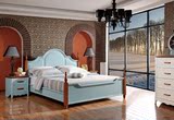 乡村故事 地中海 美式乡村风格 淡蓝色实木双人床 储物床A1108