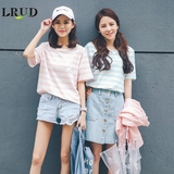 LRUD2016夏季新款韩版圆领套头撞色条纹短袖女学院风百搭简约T恤