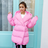 2015冬装新款韩国中长款连帽粉红色面包服女宽松大码学生棉服外套