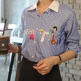 干练不失童趣！韩国女装代购2016夏款趣味字母钉珠休闲条纹衬衫~