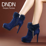 DNDN2015冬季欧美风短靴真皮超高跟女鞋靴子细跟圆头时装靴骑士靴