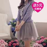 春装新款韩版新款 甜美紫色蝴蝶结长袖女针织开衫短连衣裙两件套