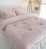 时英 韩国代购时英韩版公主粉色花朵短绒保暖四件套床上用品短绒