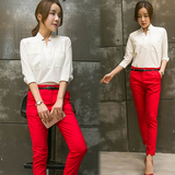 韩版POLO领春秋女装新款潮流修身显瘦短袖纯色衬衫 衬衣