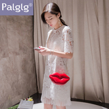 Palglg夏季新款女装2016时尚两件套圆领短袖直筒中长裙蕾丝连衣裙