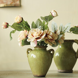 家居装饰花仿真花假花 5支短枝新茶花+绿色花瓶 餐桌茶几花艺套装