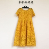 2016夏新款 韩版修身显瘦黄色蕾丝连衣裙短袖中长款甜美公主裙女