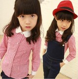女大童2016春装新款童装韩版百搭细格子长袖儿童衬衫女童时尚衬衣