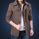索力卡2015秋冬男士休闲外套韩版修身中长款风衣男青年呢子大衣