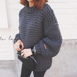 韩国代购2015秋装新款高领宽松套头毛衣棒针织粗线长袖手工毛衣女
