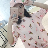 9m家韩国少女粉色系列可爱后背字母印花圆领中长款宽松短袖T恤潮