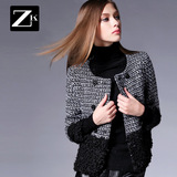 ZK2016冬装新款格子毛呢外套女短款拼接毛呢短外套呢外套潮
