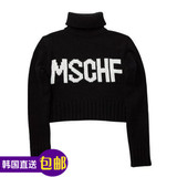韩国正品潮牌直邮女士字母百搭MSCHF黑色短款高领毛衣knit针织衫