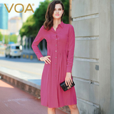 VOA红色长袖衬衫领真丝连衣裙女长款100%桑蚕丝百褶裙A0300