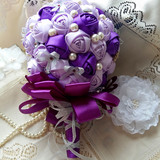 特价韩式新娘手捧花珍珠水钻缎带玫瑰花DIY手工定制婚礼主题紫色