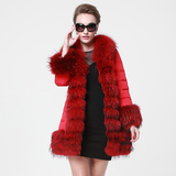 2015新款冬季时尚超大貉子毛领白鹅绒羽绒服女中长款修身红色外套