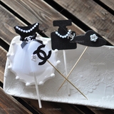 派对婚礼甜品桌布置 黑白纱香奈儿裙/香水瓶/帽/logo 插牌 多款
