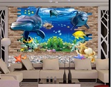3d立体海豚背景墙大型壁画无缝壁纸海底世界海洋卡通儿童房墙纸