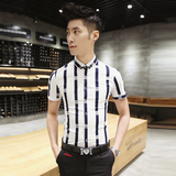 夏季短袖衬衫男韩版修身型时尚条纹格子衬衣发型师潮款半袖青年