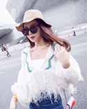 2016春装新款 韩国深V领超短款流苏毛绒绒 性感套头蝙蝠袖毛衣 女