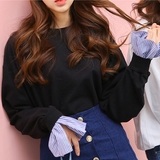 韩国代购bongjashop正品2016春条纹衬衫袖口拼接圆领宽松休闲卫衣