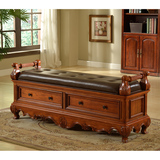 美式卧室床尾凳 美式实木床尾凳 欧式实木床尾凳子。真皮凳子 床