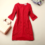 原单秋装新款红外贸剪标大码女装唯美红色收腰加厚七分袖连衣裙