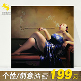 纯手绘三联油画客厅玄关无框画卧室餐厅人物画刘宝军抽烟袋的女人