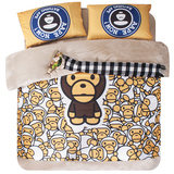 韩版卡通四件套珊瑚绒夏儿童床上用品被单被套1.8m床小黄猴