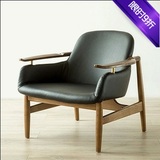 北欧简约橡木实木单双人扶手椅酒店咖啡厅PU沙发椅子休闲椅