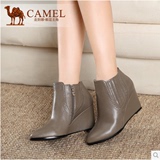 Camel骆驼女靴 正品短筒女鞋 真皮松紧带尖头坡跟短靴A91112642