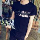 夏季男装男士短袖t恤男圆领青年韩版修身印花半袖体恤潮流衣服tee