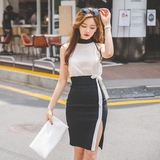 夏季新款2016韩版两件套裙性感挂脖露肩修身显瘦开叉包臀连衣裙女