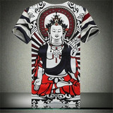 15中国风男装纹身霸气加肥加大传统个性民族风佛教观音烫钻短T恤