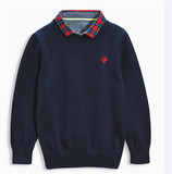 现货 NEXT童装15秋款男童3M-6岁红色格子领深蓝色针织衫假二件装