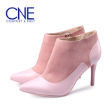 CNE新款冬季裸靴女鞋细跟绒面拼接真皮高跟尖头女靴短靴6T92368