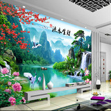 卧室无缝壁画壁布高清瀑布山水风景3D4D立体墙纸电视背景墙纸 客