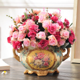 仿真花假花装饰花绢花玫瑰客厅餐厅玄关欧式花瓶插花花艺摆设套装
