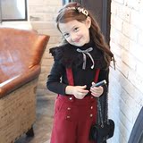 2016韩国童装 春季新款女童黑色打底绒衫儿童蕾丝边高领长袖T恤潮