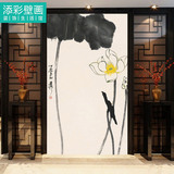 新中式中国风玄关门厅背景墙壁纸整幅墙布竖黑白水墨禅意荷花莲花