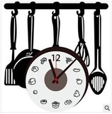 创意厨具时尚挂钟 厨房客厅卧室个性钟表可移除墙贴静音真实时钟