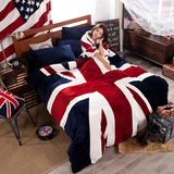 加厚法莱绒米字旗被单被套四件套床上用品珊瑚绒法兰绒英伦风特价