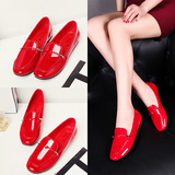 花花公子新款皮鞋女鞋时尚漆皮单鞋女士平底浅口平跟圆头红色船鞋
