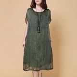 绿素棉大码女装2016夏装薄款纯色短袖连衣裙中国风天丝棉两件袍子