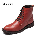 mrhippies男鞋 冬季系带英伦潮流马丁靴圆头时尚男靴真皮红色黑色