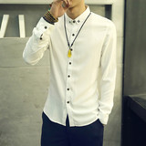 男士亚麻衬衫长袖衬衫秋冬季韩版修身尖领扣领长袖衬衣男加绒加厚